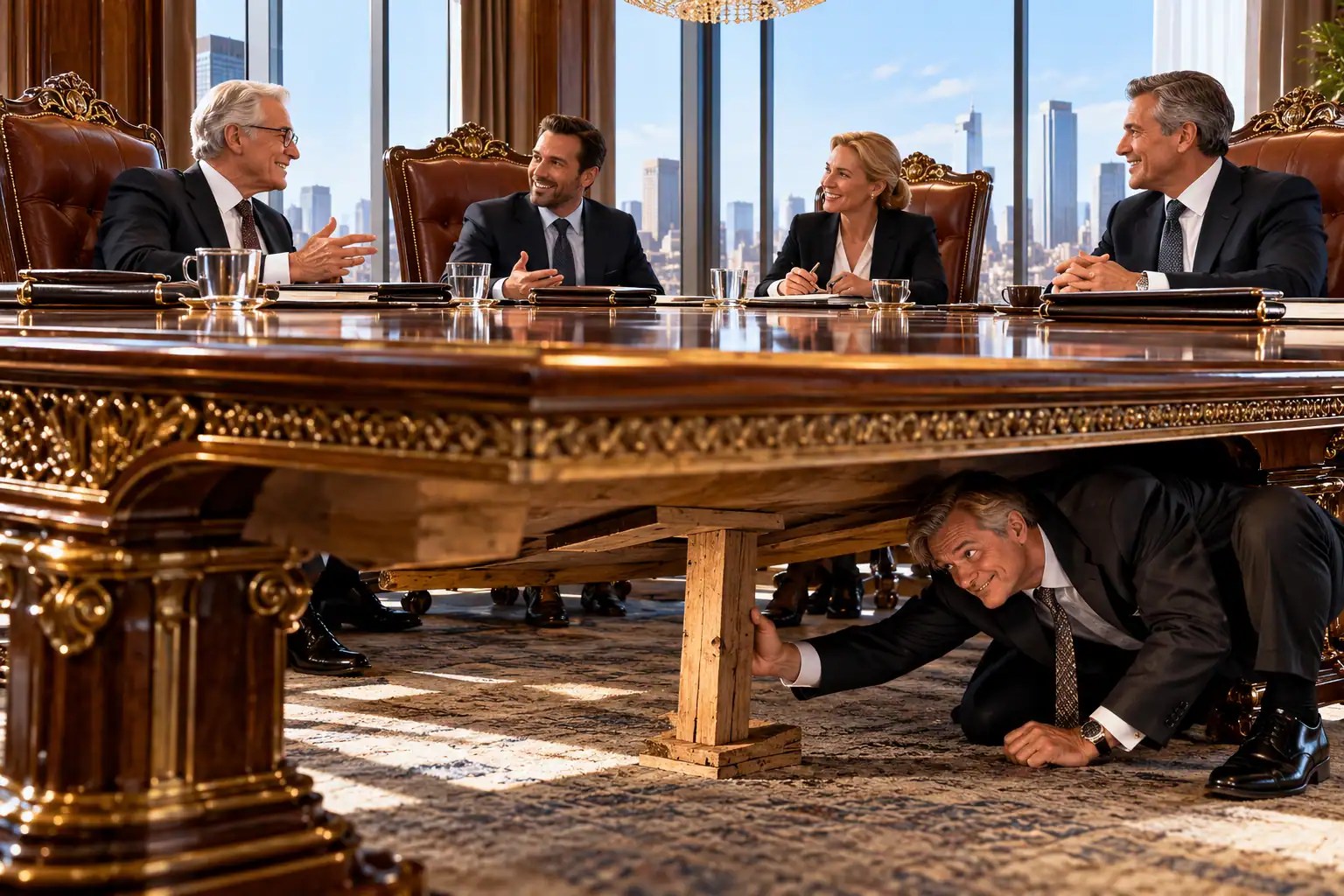 Businessman looks beneath an ornate boardroom table supported by a rough wooden brace while executives sit confidently above.