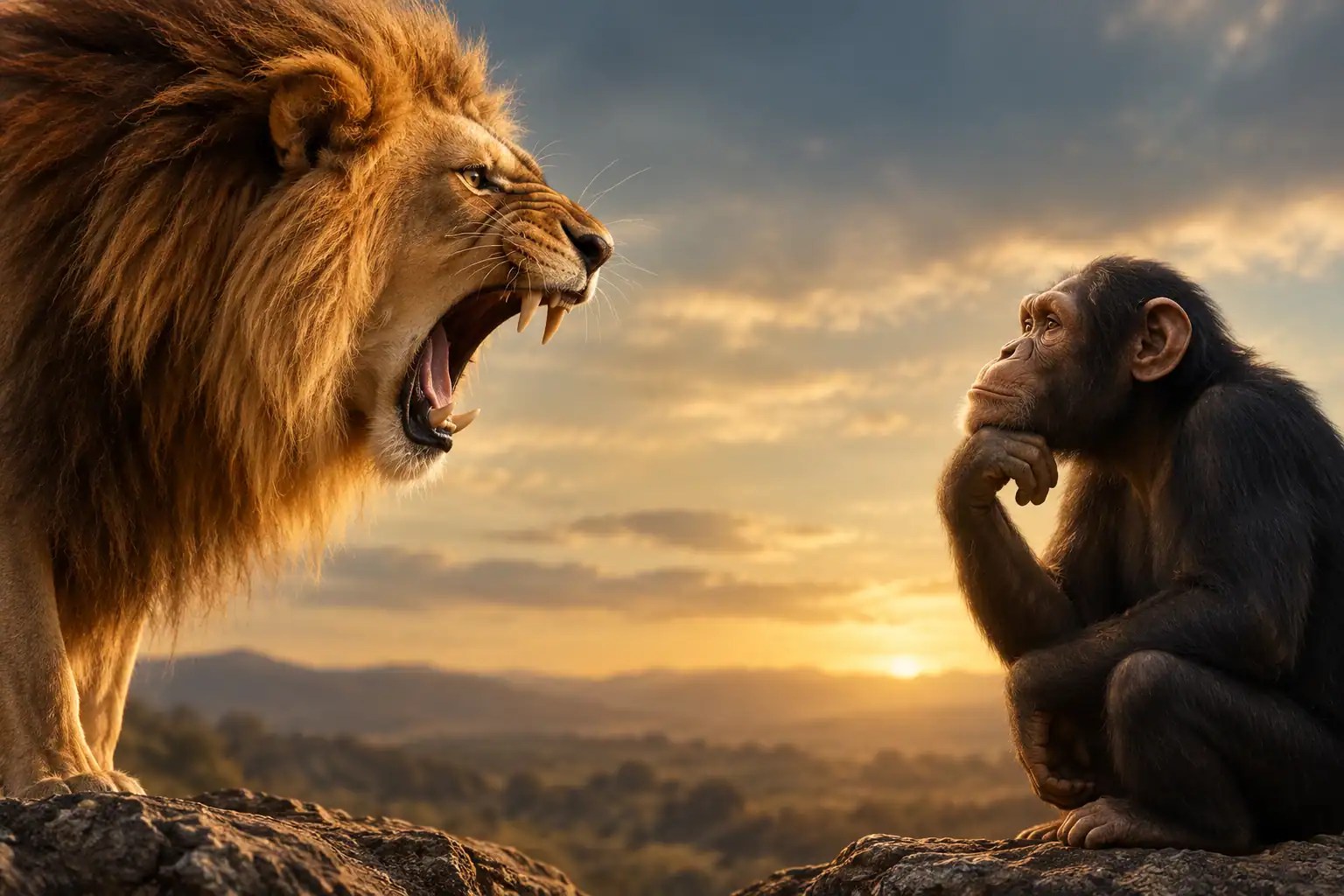 Roaring lion facing a calm chimpanzee who pauses to think before reacting