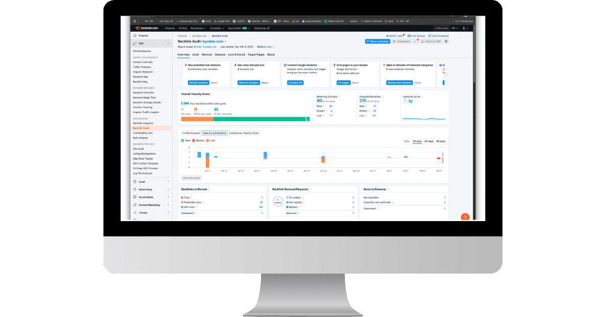 A comprehensive backlink audit and toxicity score is provided.