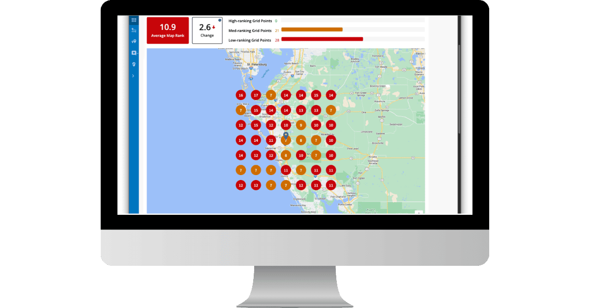 A local search grid is explained and provided for your biggest opportunity keywords. Overall local SEO score is assessed.