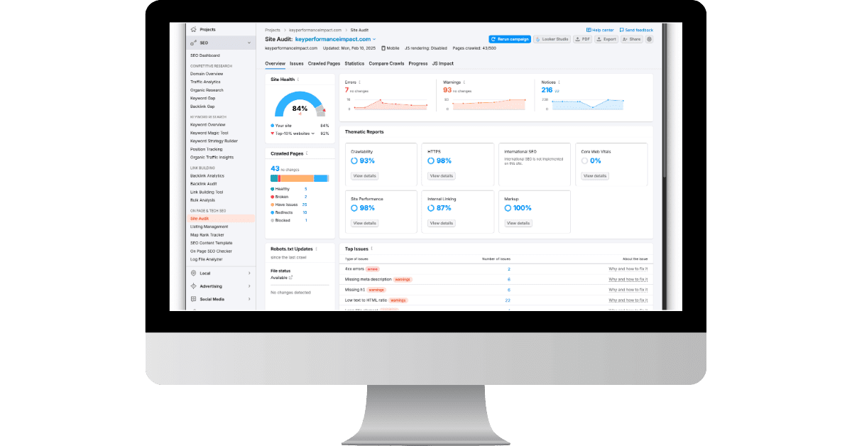 Complete website audit identifying technical SEO issues and overall website performance.