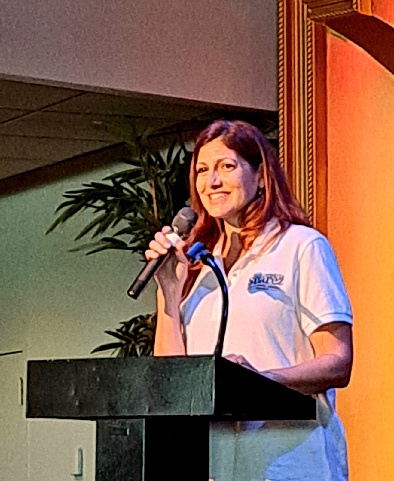 a woman standing at a podium with a microphone