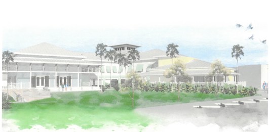 a drawing of a large white building with palm trees