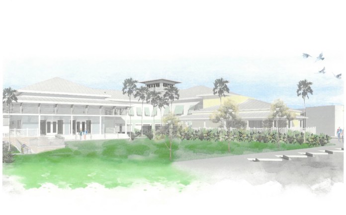 a drawing of a large white building with palm trees