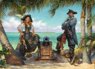 MEET THE PAINTER & CREATOR OF THE SPICED RUM ICON a painting of a man and a woman on a pirate ship