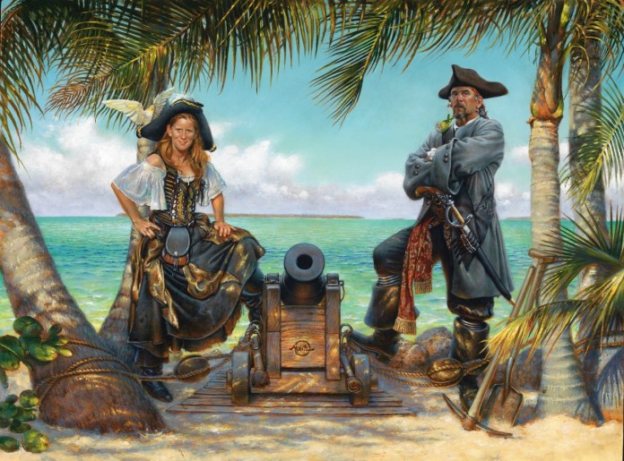 Shore Thing Large a painting of a man and a woman on a pirate ship