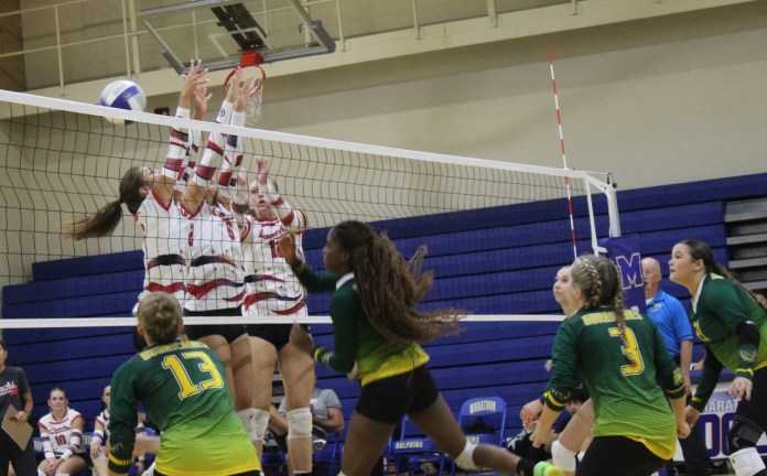 Howard Hit Large a group of young women playing a game of volleyball