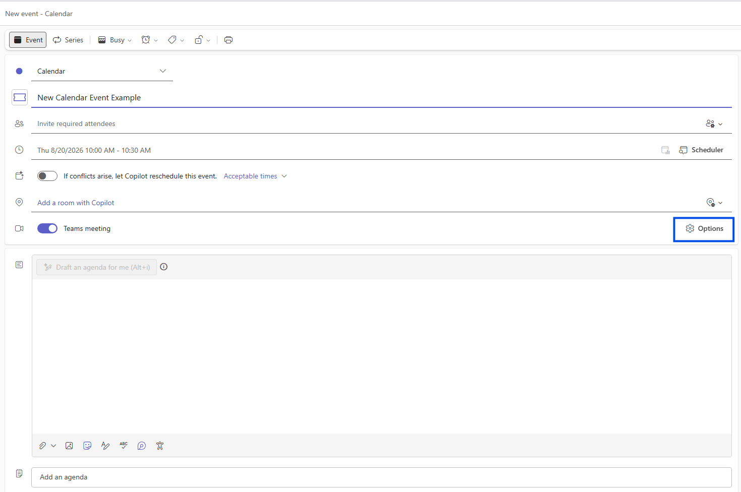 Screen shot of Outlook showing the Options button