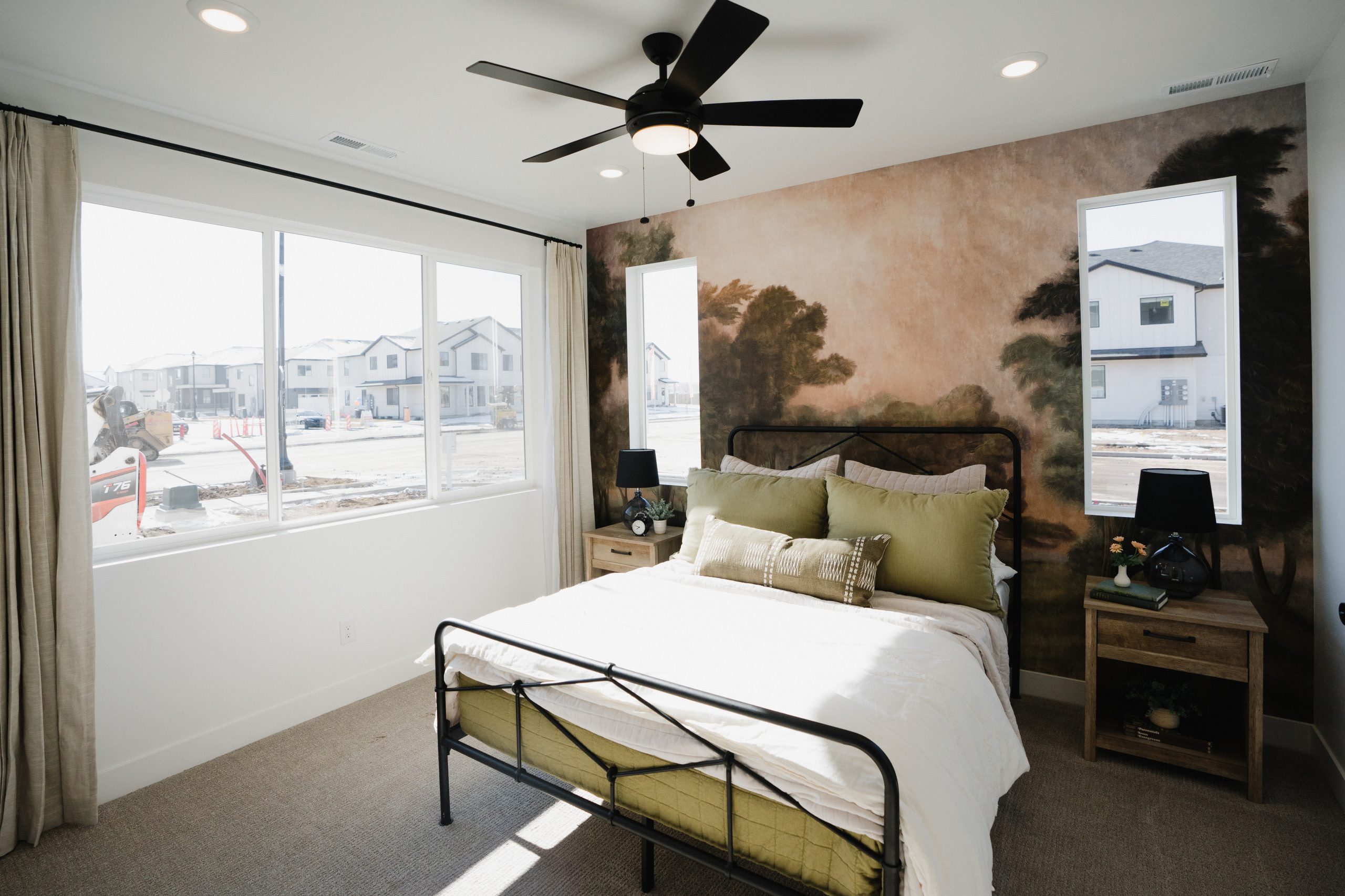 Modern bedroom with a unique mural