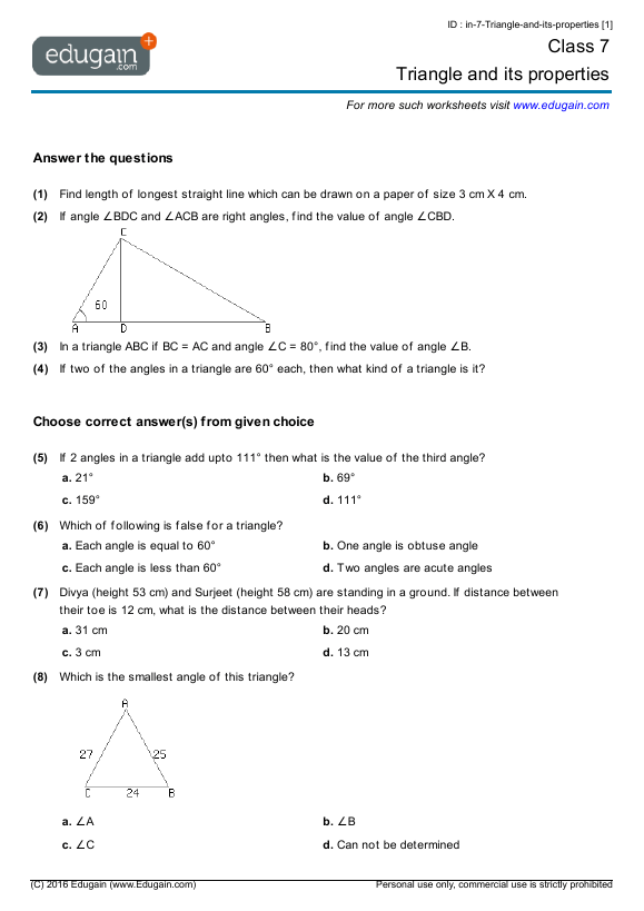 Improve your math knowledge with free questions in area of triangles and trapezoids and thousands of other math skills. Grade 7 Triangle And Its Properties Math Practice Questions Tests Worksheets Quizzes Assignments Edugain Cambodia