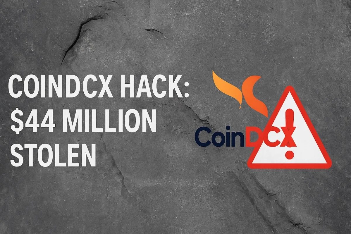 CoinDCX logo with danger alert, Blockchain hacker graphic, Ethereum wallet breach