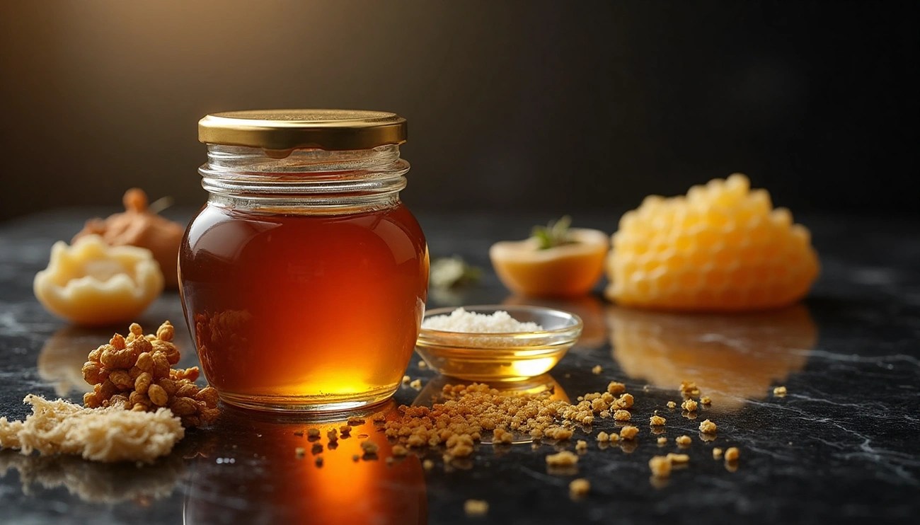 Image of honey on a table with honey comb behind