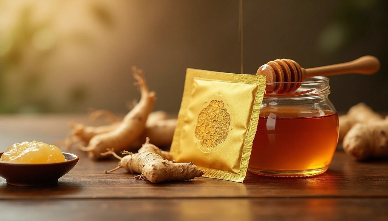 Packet of package honey with natural honey in the background and ginseng on wooden table