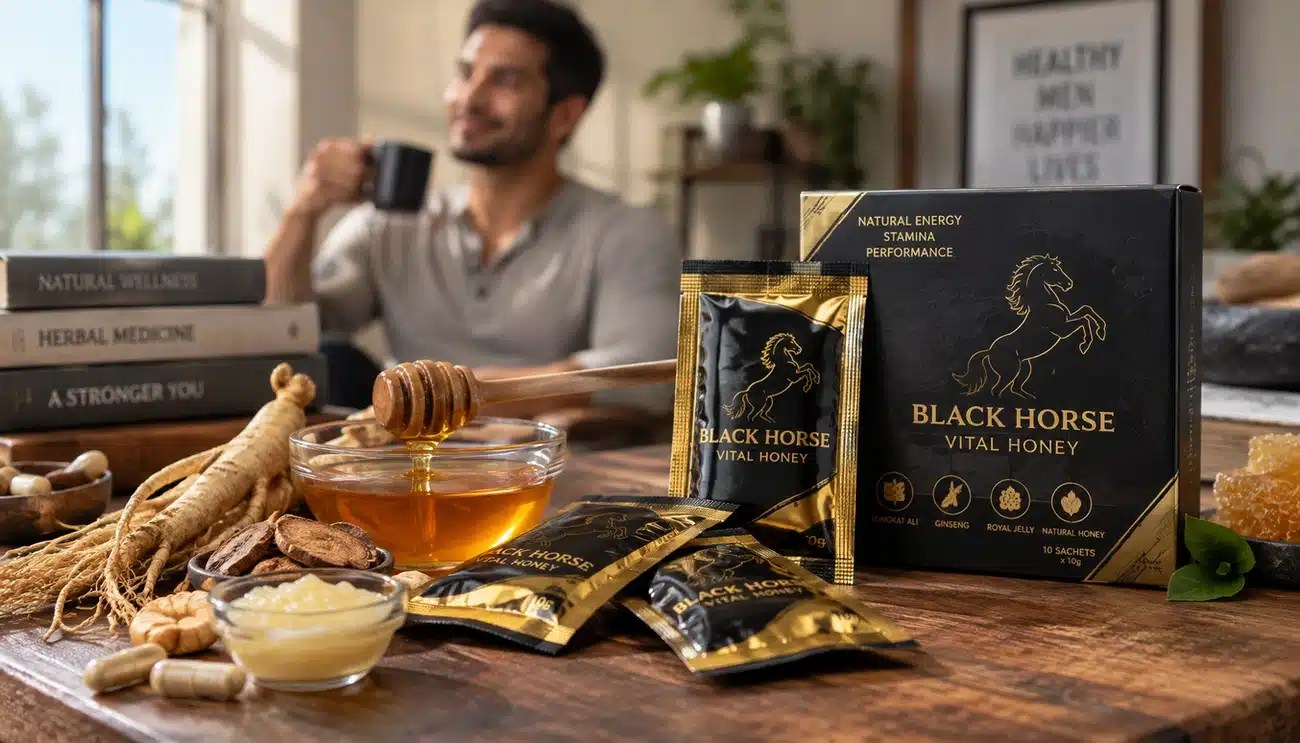 black horse vital honey on a table with a man behind enjoying his drink
