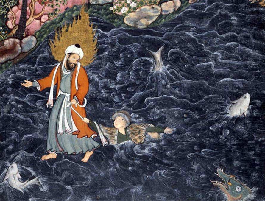 Prophet Elijah (Al-Khidr) Rescuing Nur ad-Dahr from the Sea, a scene from the Hamzanama, here imagined in a Persian miniature by Mir Sayyid Ali (c. 1550 C.E.).
