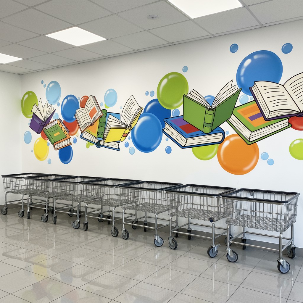 A hallway with a brightly colored mural of books and bubbles on the wall. The mural is situated above six closed shopping ...