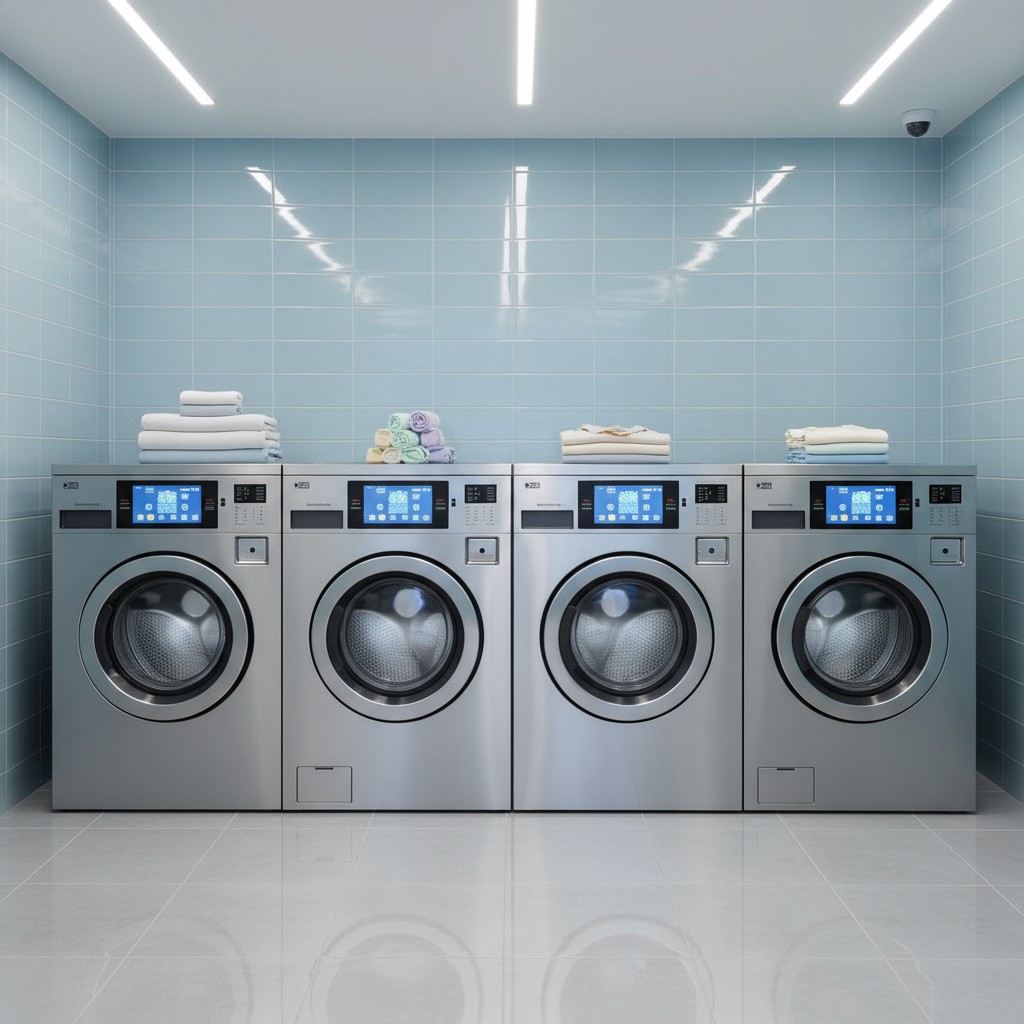 The image displays a modern laundromat with a row of stainless steel washing machines, placed side by side, on large white...