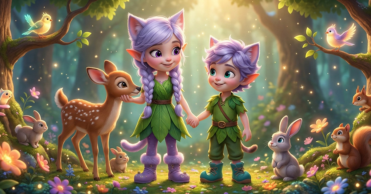 Miri and Ori sitting in a beautiful green forest, teaching children about empathy, nature, and kindness.