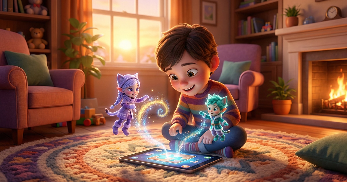 A child happily playing a digital jigsaw puzzle on a tablet, featuring characters from Kittelfdora.