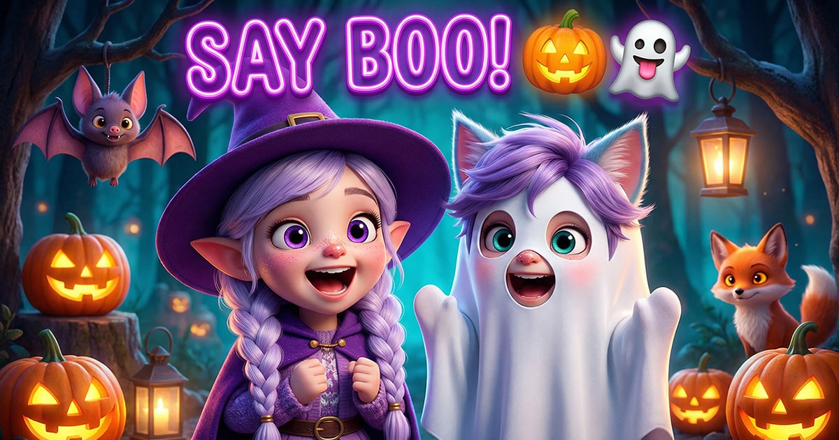 Miri dressed as a cute witch and Ori dressed as a ghost