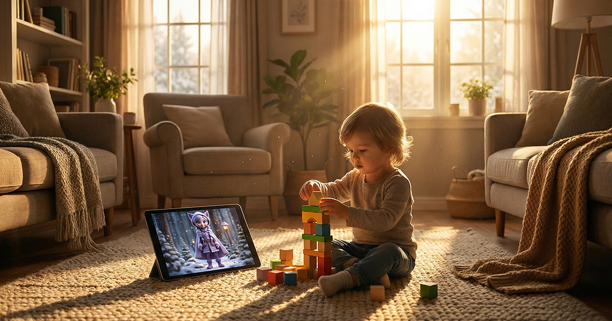 A child playing peacefully with wooden blocks next to a screen displaying Kittelfdora Kids’ slow-paced educational content, illustrating healthy screen time habits.