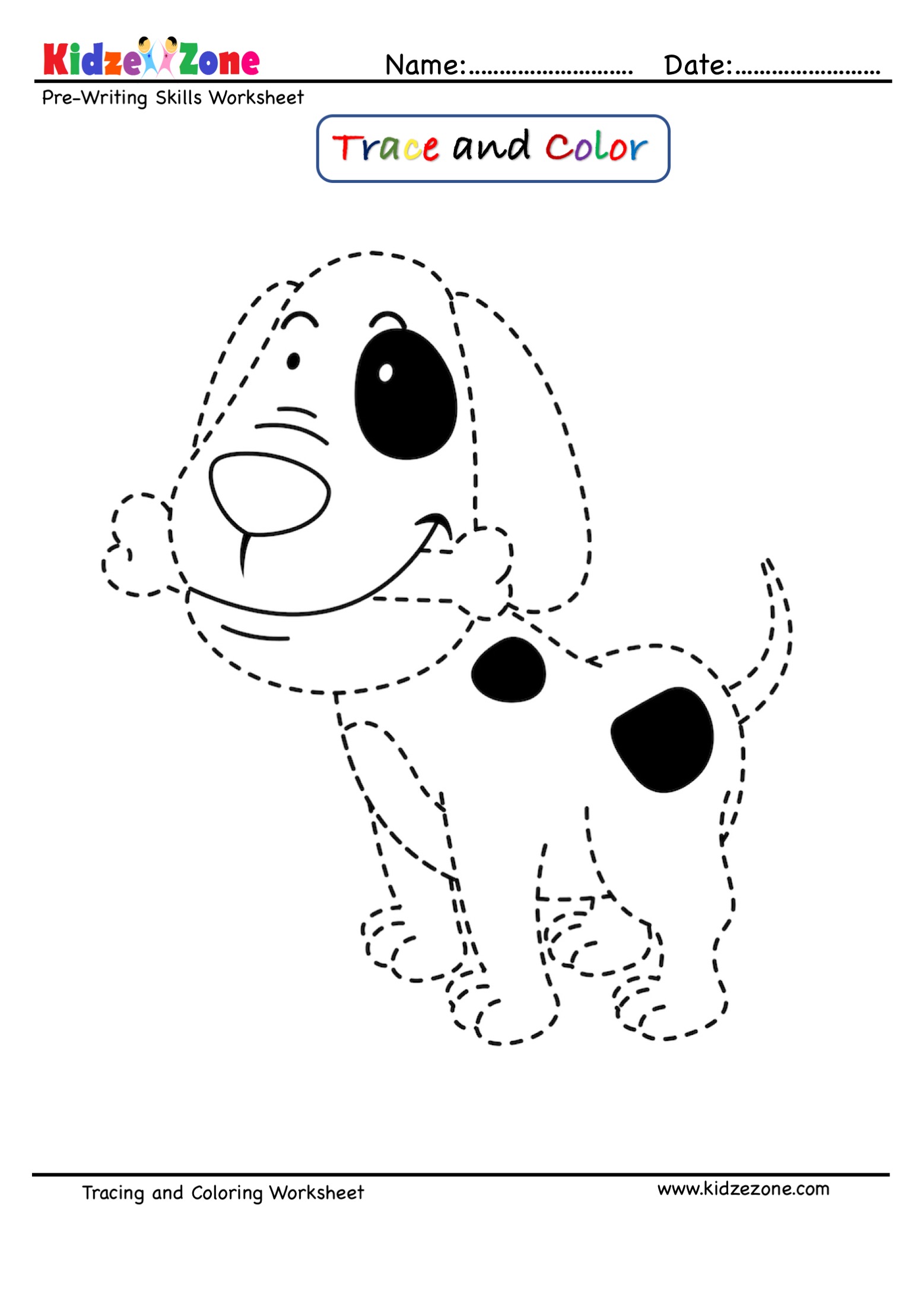 Dog cartoon trace and color worksheet - kidzezone