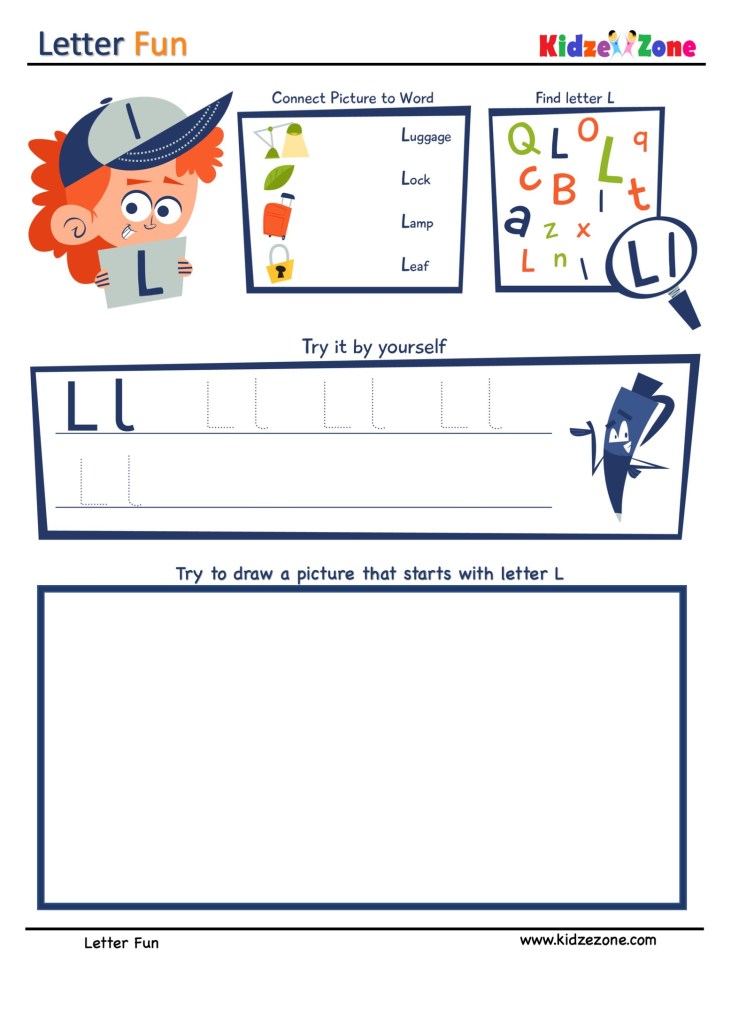Letter L Super Smart Tracing, Writing, Drawing and Activity Worksheet