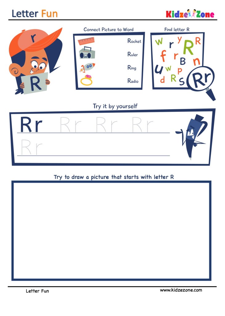 Letter R Super Smart Tracing, Writing, Drawing and Activity Worksheet
