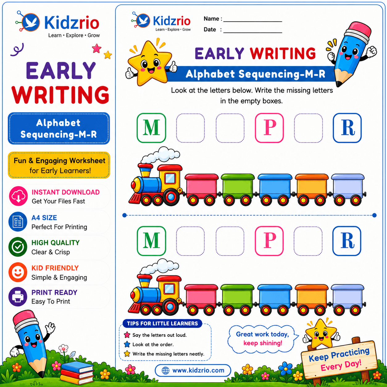Nursery alphabet sequencing worksheet M–R