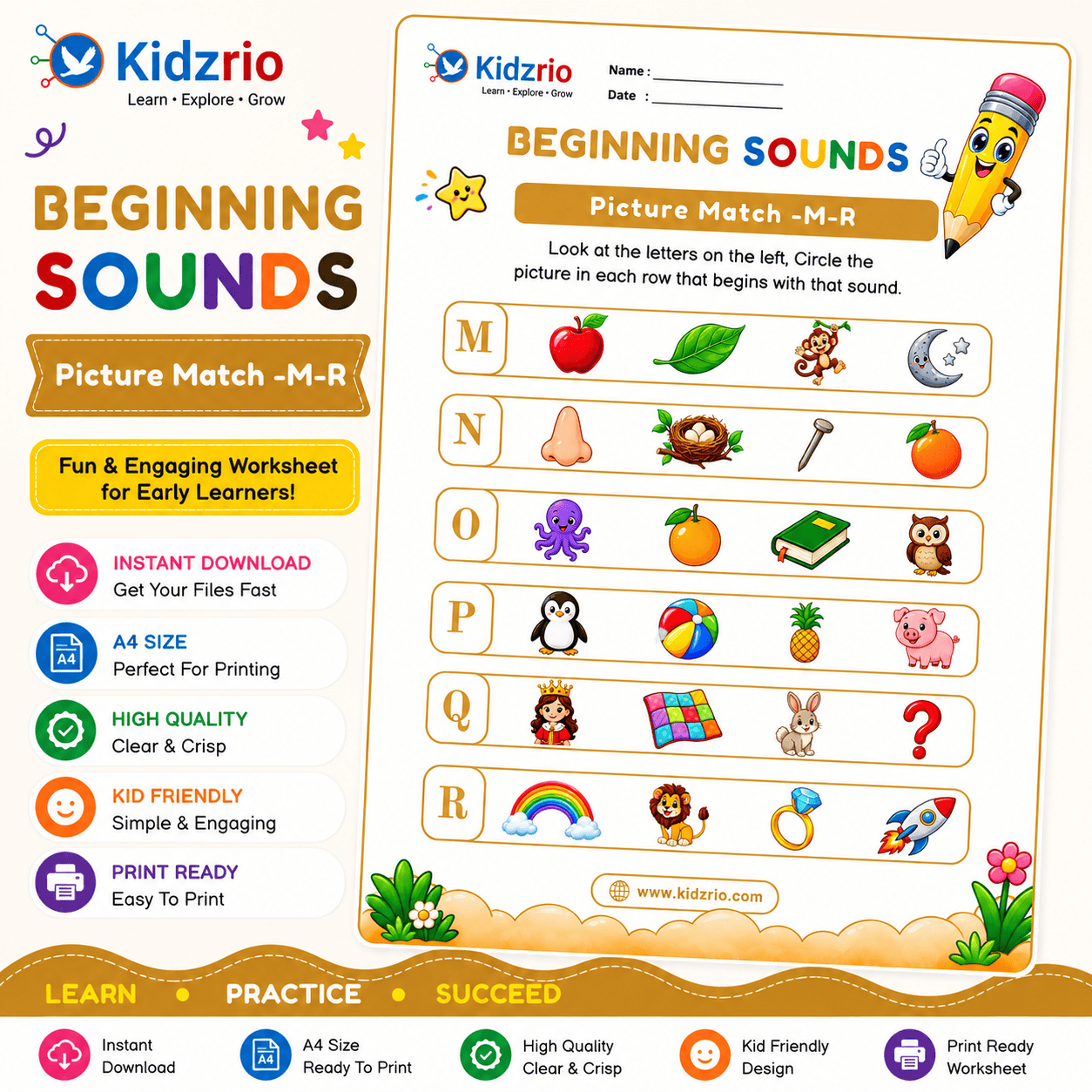 Nursery beginning sound picture matching worksheet M–R