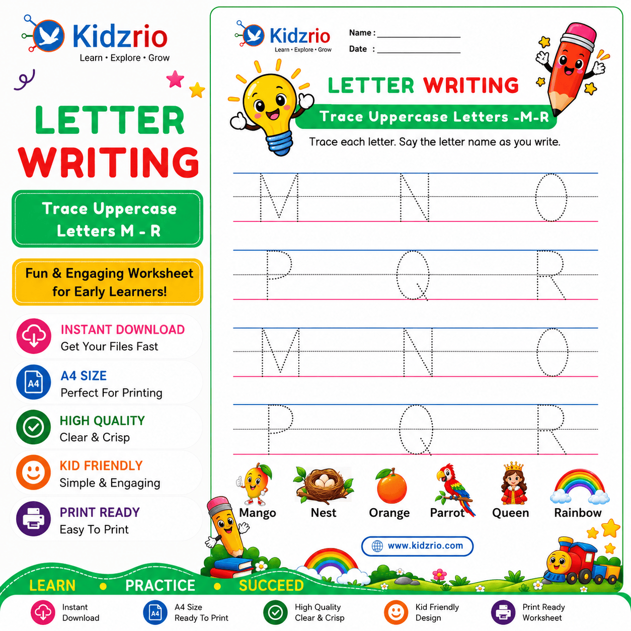 Nursery uppercase letter tracing worksheet M–R
