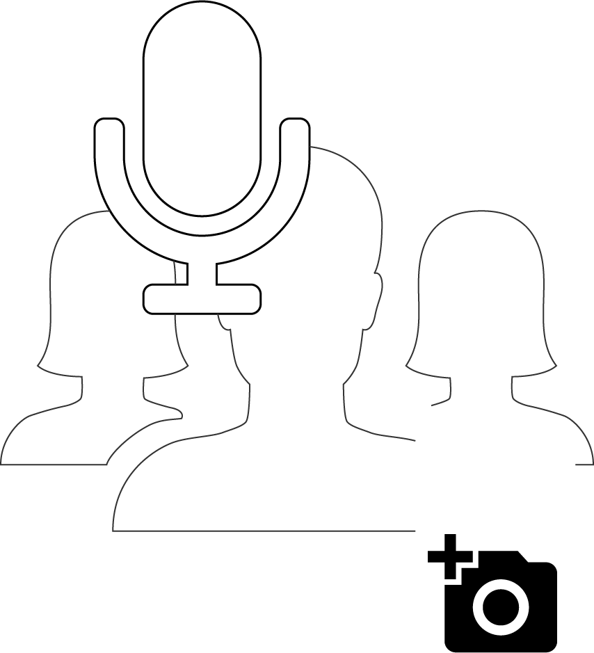 Iconos de micrófono, cámara de fotos y personas