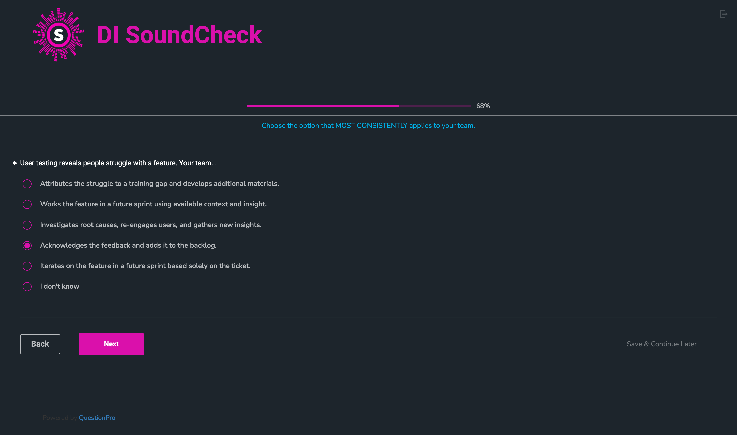 DI SoundCheck survey question screen