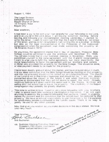 Bob Buchanan Letter To Bcoc In 1994 A Reminder