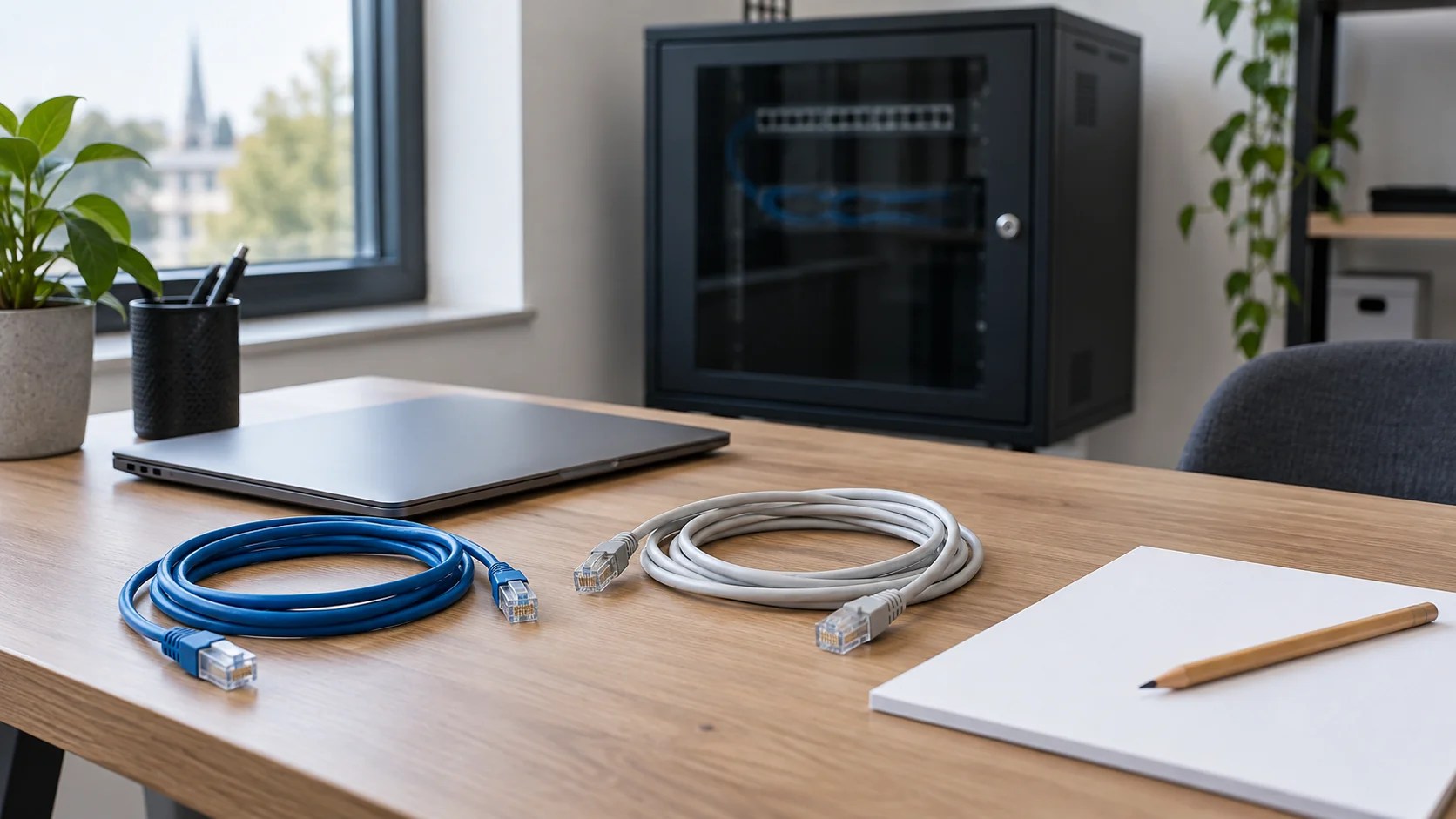 Planning desk with two disconnected Ethernet leads and a closed laptop