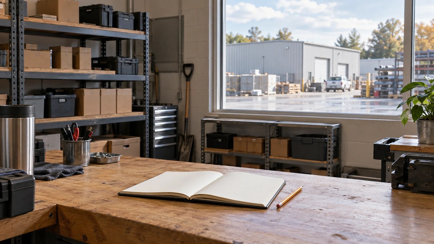 Werkbank mit leerem Notizbuch zur Planung kompatibler IoT-Hardware