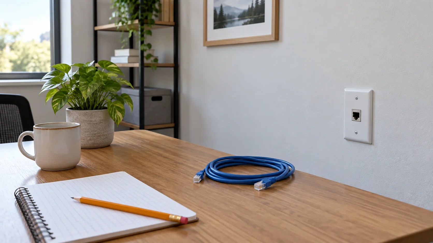 Netzwerkkabel und Notizbuch neben einem Netzwerkanschluss für die Planung eines Indoor-Gateways