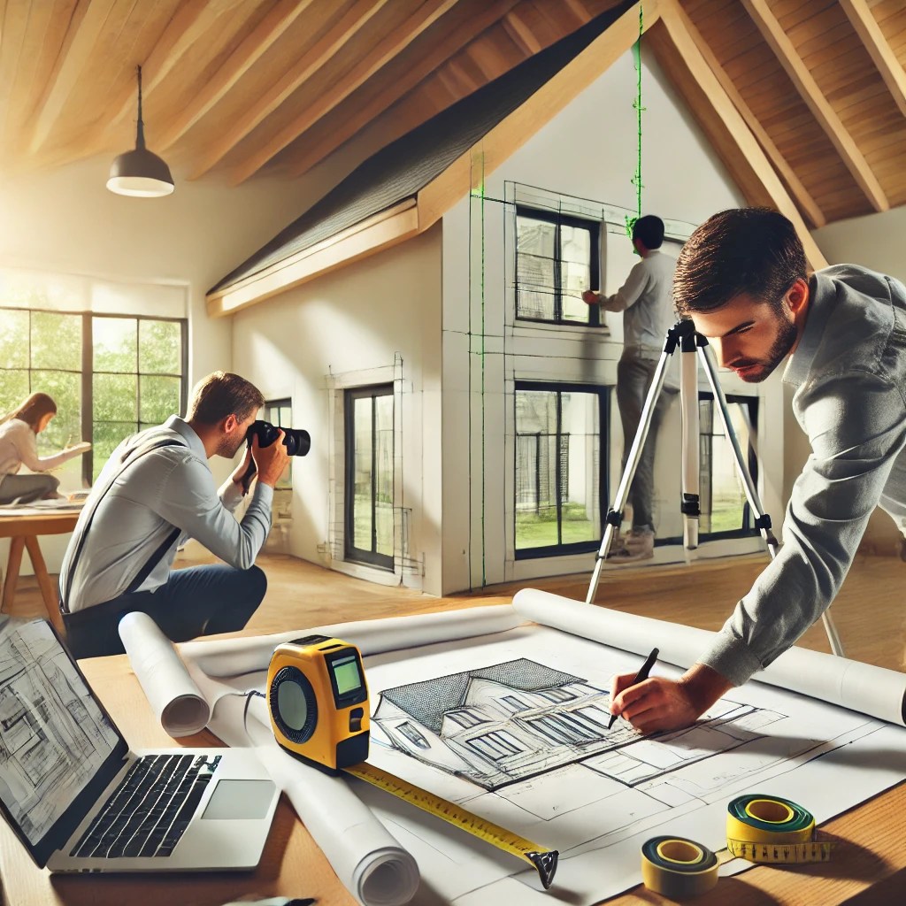 Professionals measuring, drafting, and photographing a house for an addition design project, showcasing tools and collaboration.