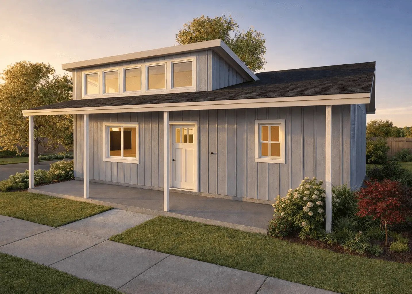 Modern exterior rendering of the Boyd ADU featuring clean lines, neutral tones, and contemporary architectural design.