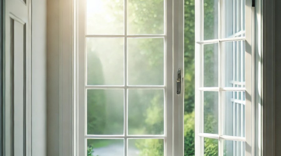 White-framed window in a new house, offering a clear view of the outdoors with natural light illuminating the interior.