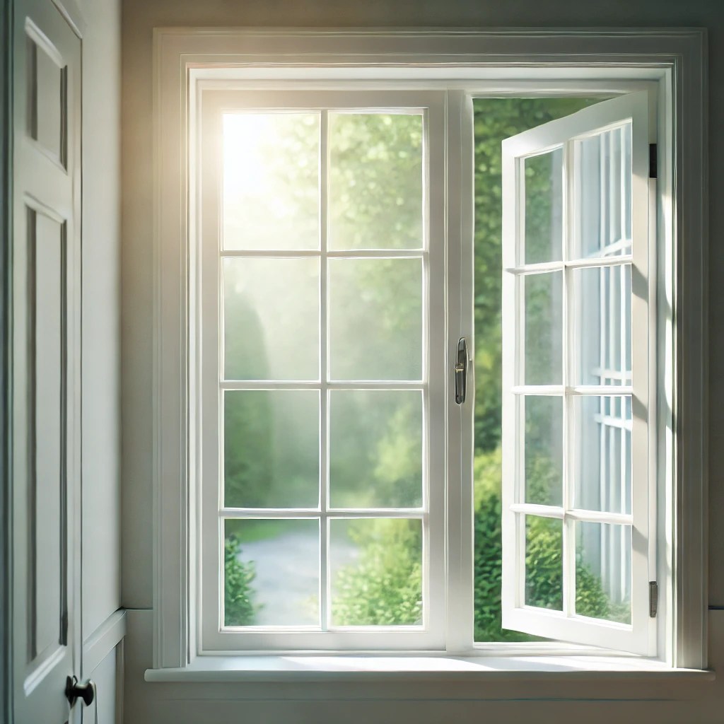 White-framed window in a new house, offering a clear view of the outdoors with natural light illuminating the interior.