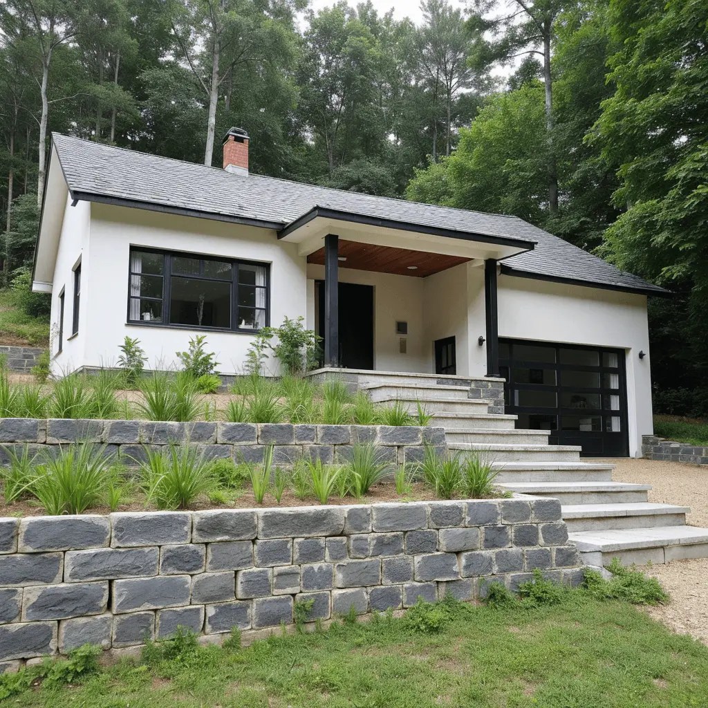 Modern house with a beige retaining wall in front, landscaped with shrubs and grass, providing structure and curb appeal.