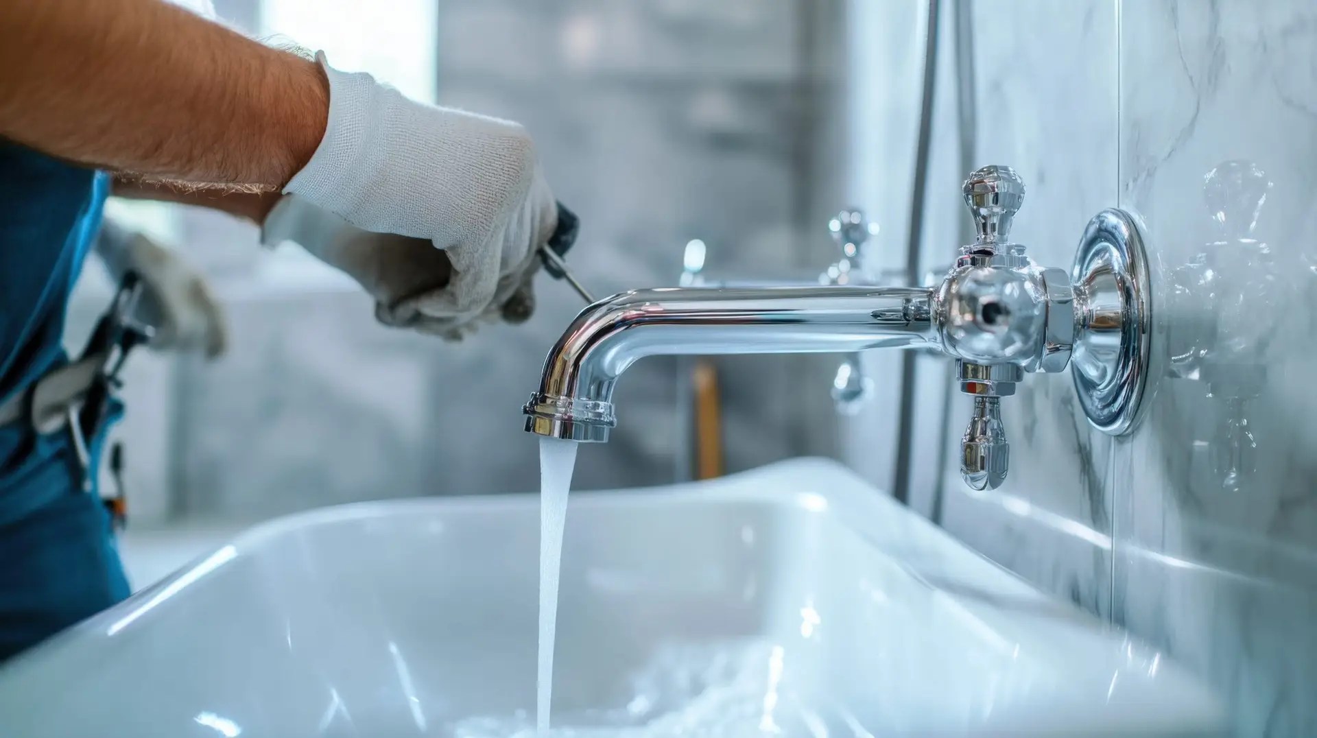 Skilled plumber installing a modern chrome faucet in a bathroom sink, ensuring a secure fit and proper water flow.