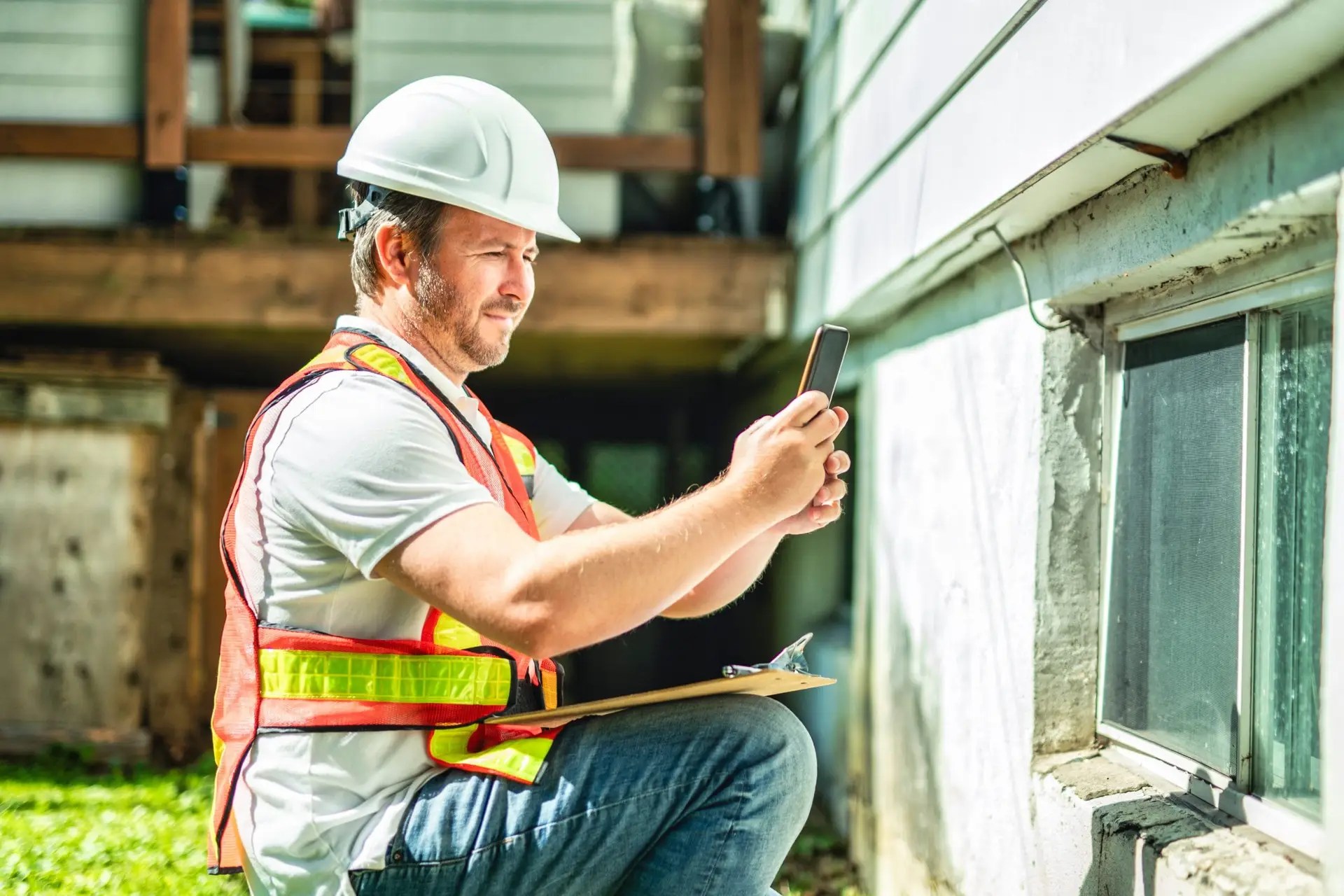Project manager inspecting a construction site, reviewing blueprints and structural work for quality control compliance.