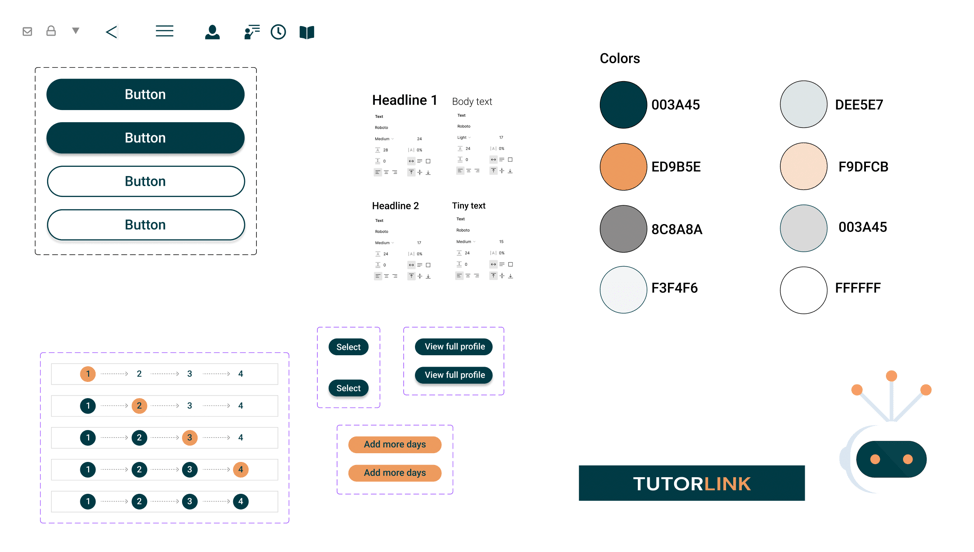 A visual design system for the TutorLink app, including examples of filled and outlined buttons, navigation icons, headline and body text specifications, step progress indicators, call-to-action buttons, and the app’s color palette with corresponding hex codes. The TutorLink logotype and a small robot-style mascot graphic appear on the right.