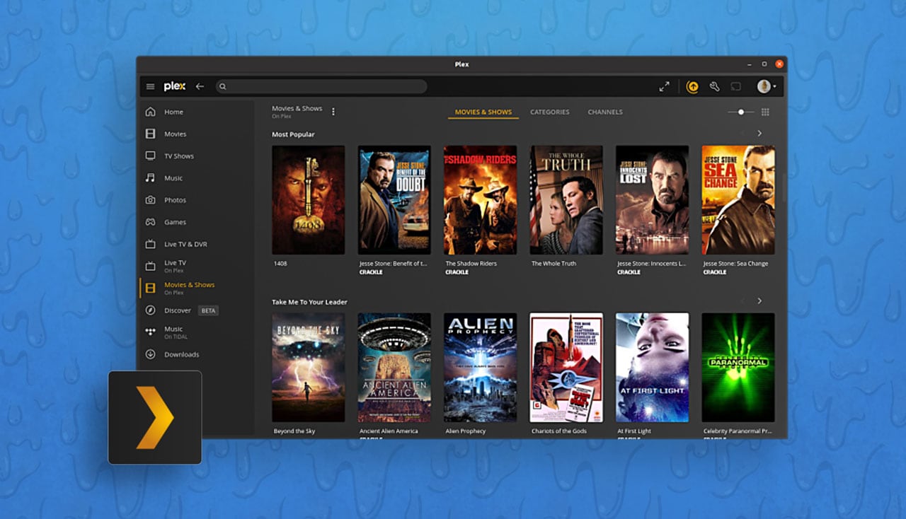 Plex desktop for linux screenshot on blue background
