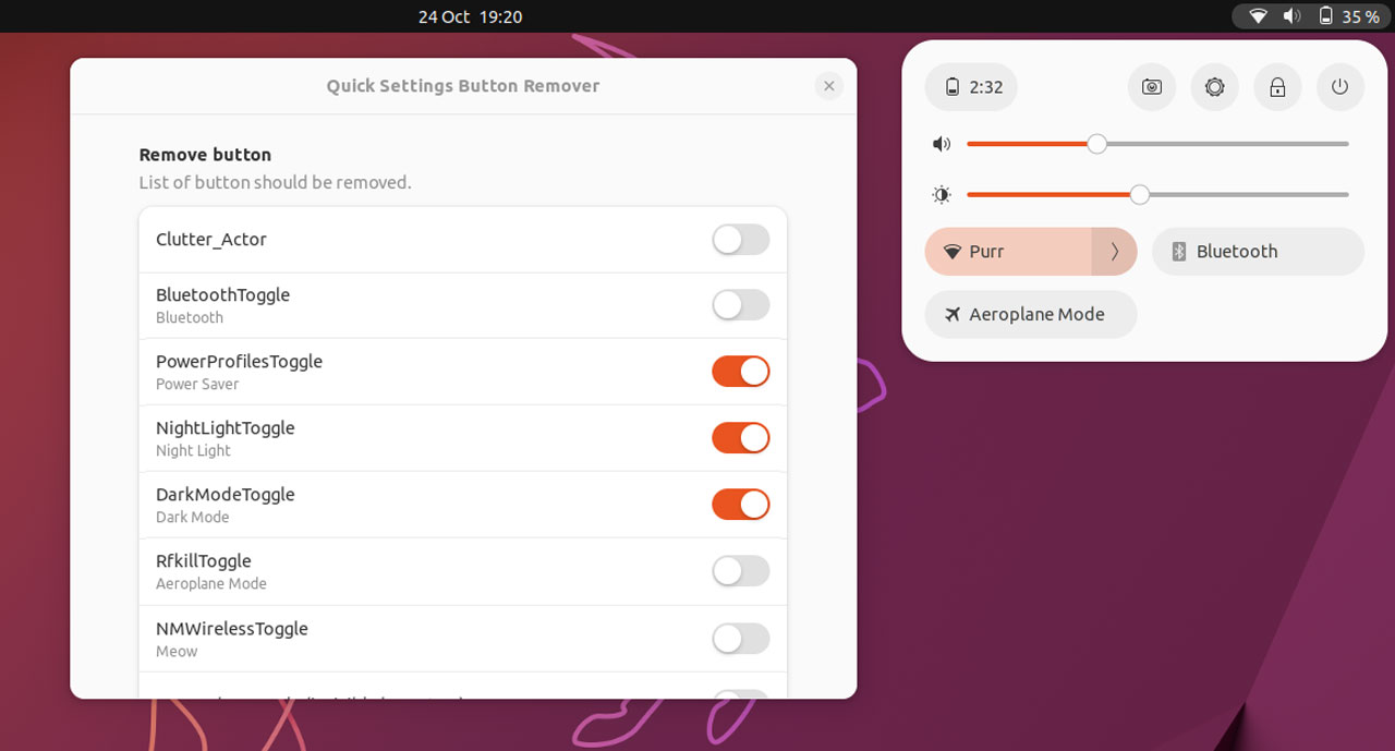 screenshot of gnome 43 quick settings menu open and the quick settings button remover extension visible