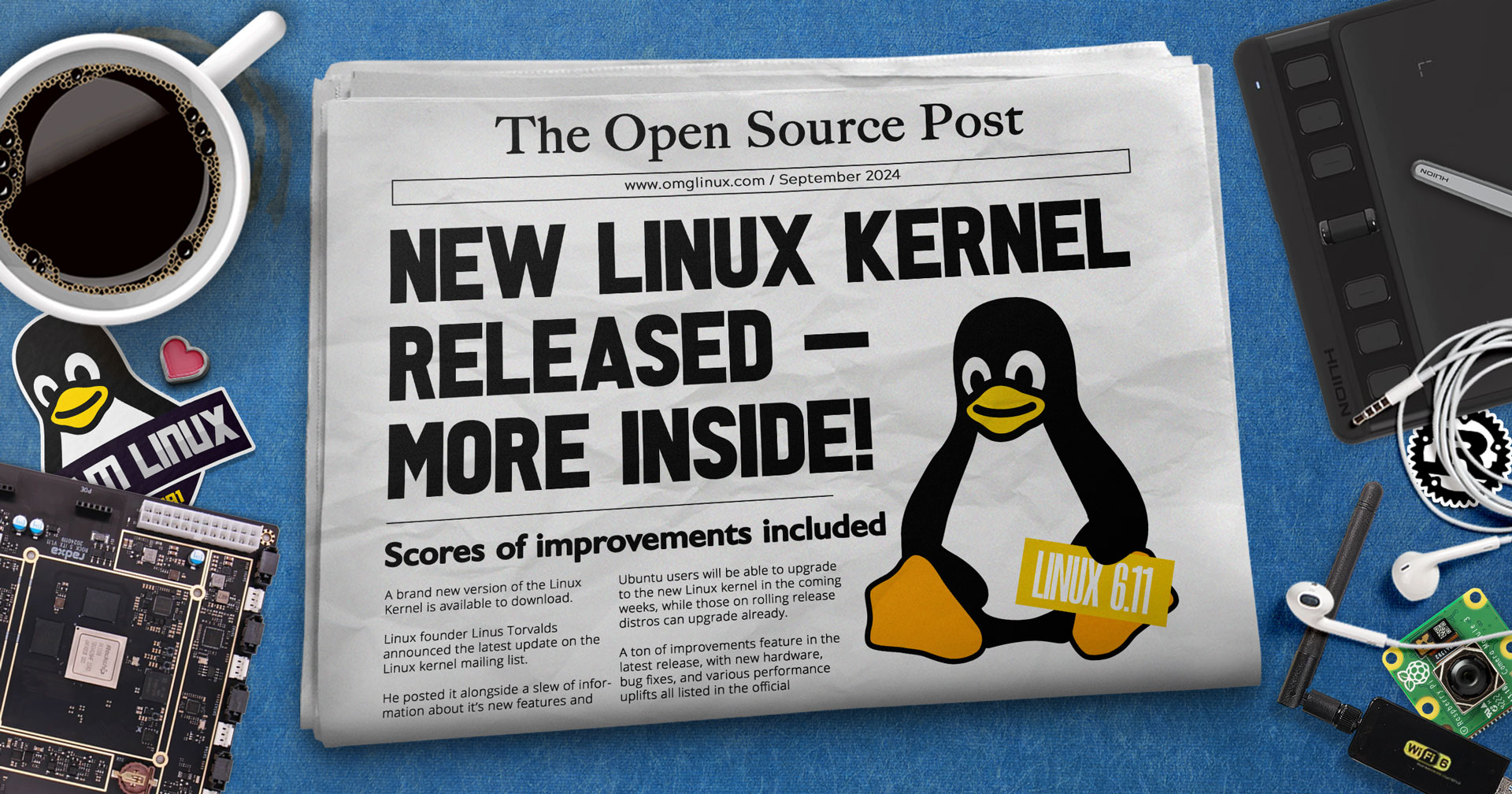 Linux Kernel 6.11 newspaper headline graphic