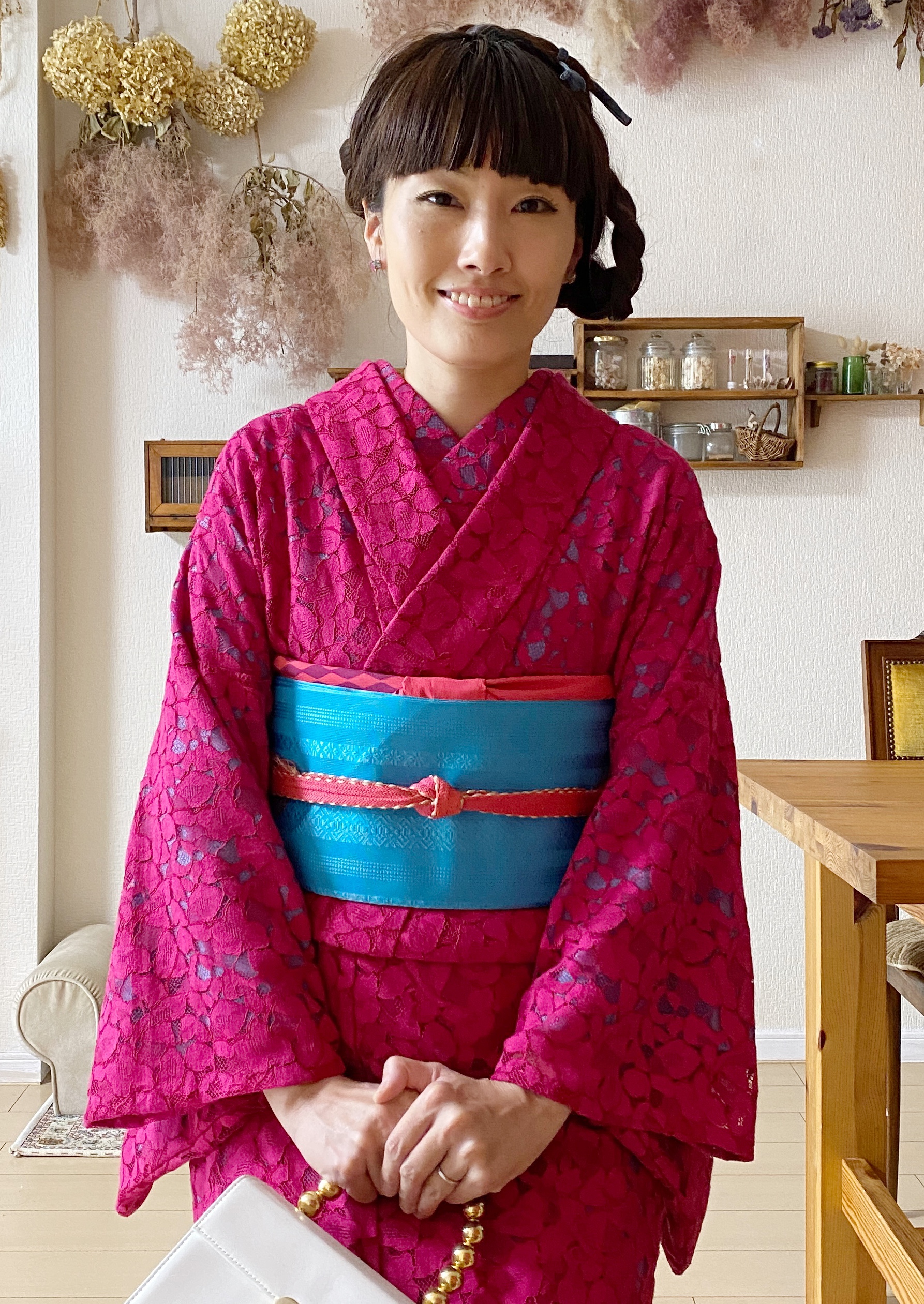 レース着物コーディネート マゼンタ ピンク | 【大阪】着付け教室