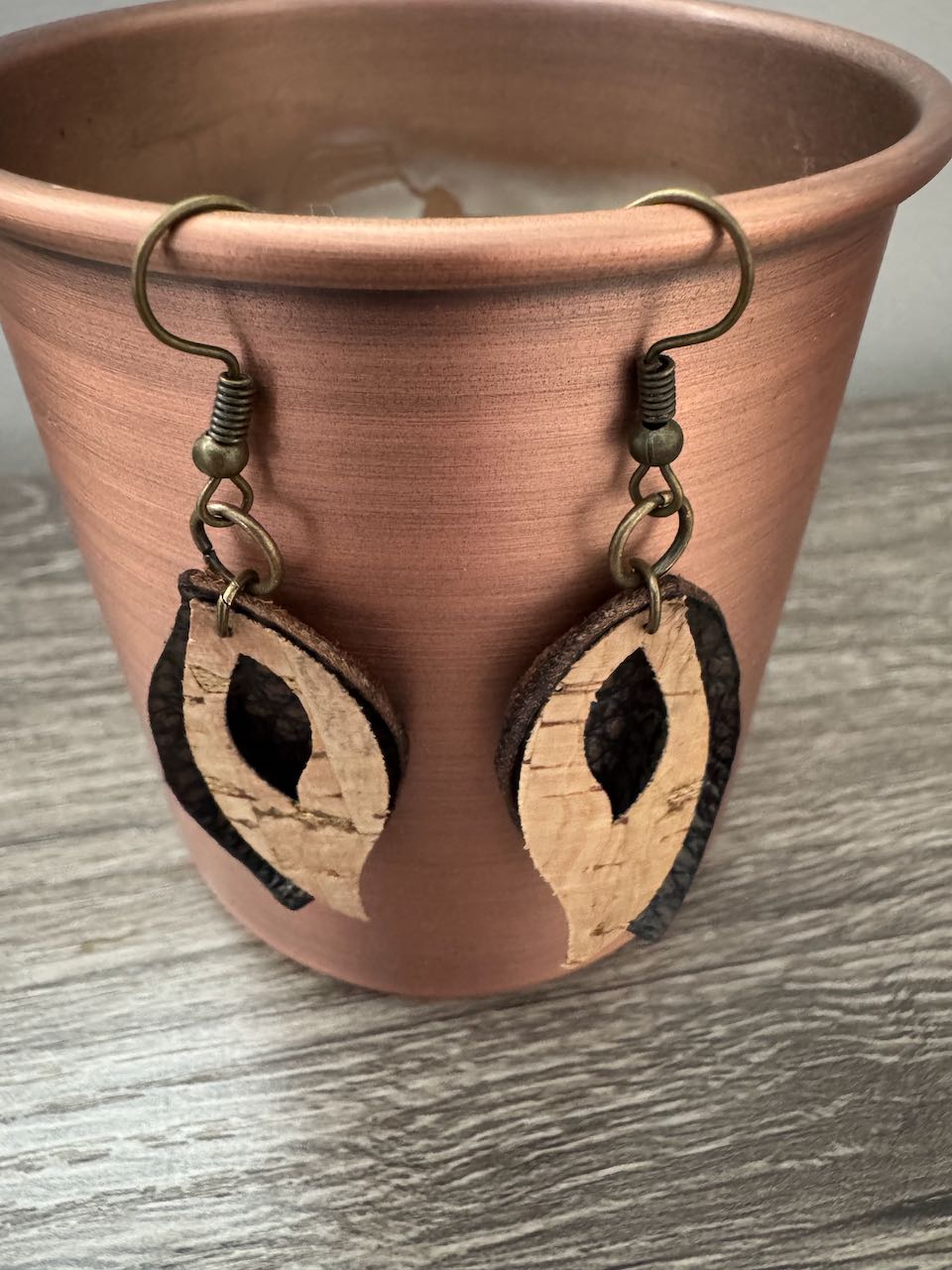 Cork cut-out and brown leather earrings